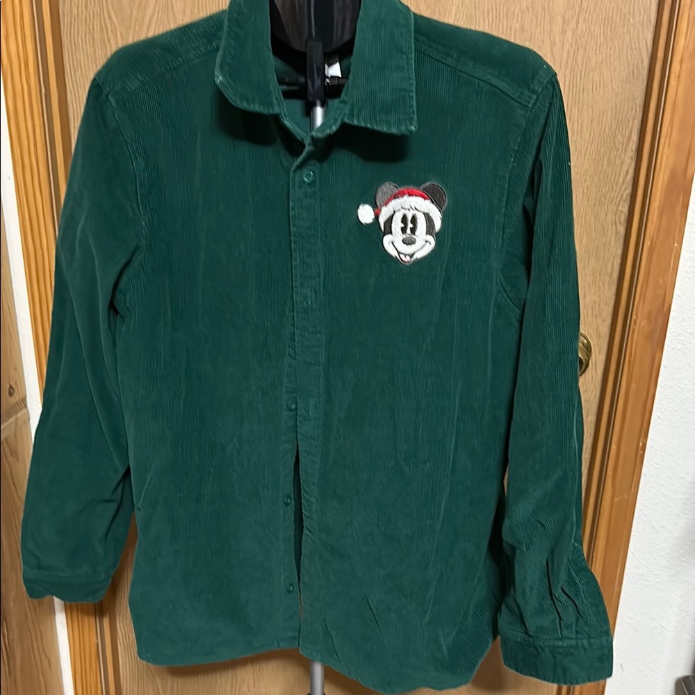 Mickey Mouse Green Corduroy Christmas Shirt for adults. Cuffs are adjustable